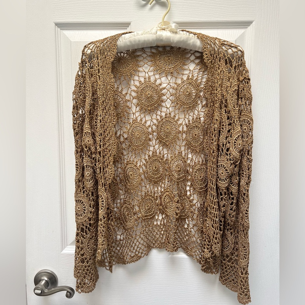Crochet Cardigan in Shimmering Gold Metallic Lace Knit Size Medium